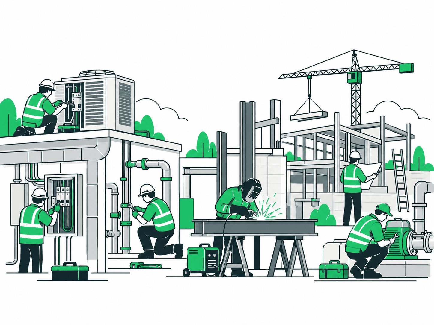 Construction workers operating machinery and working on building site.