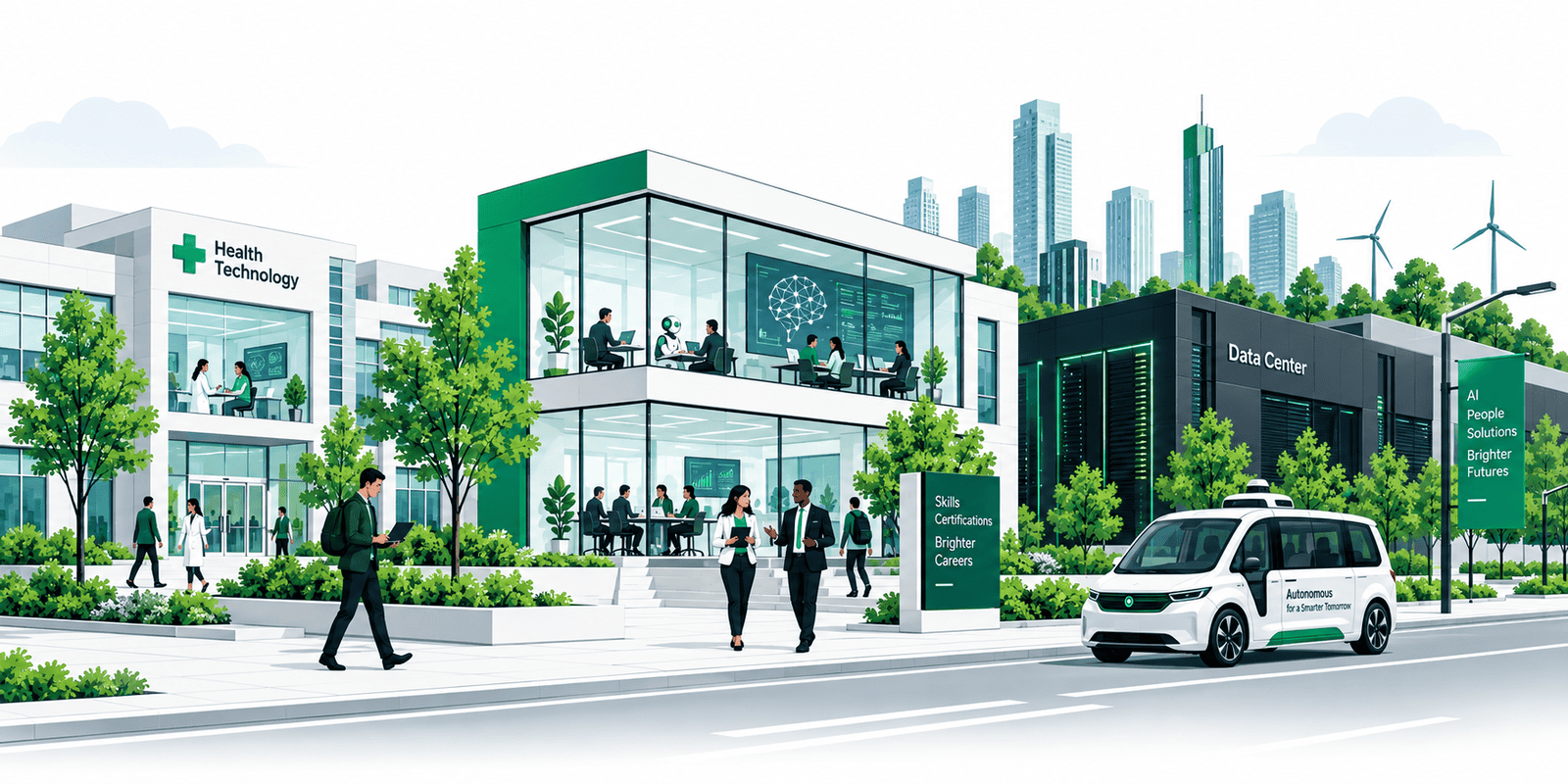 Technology certifications career paths illustration with data center, artificial intelligence, health technology, autonomous vehicle, and cloud computing scenes.