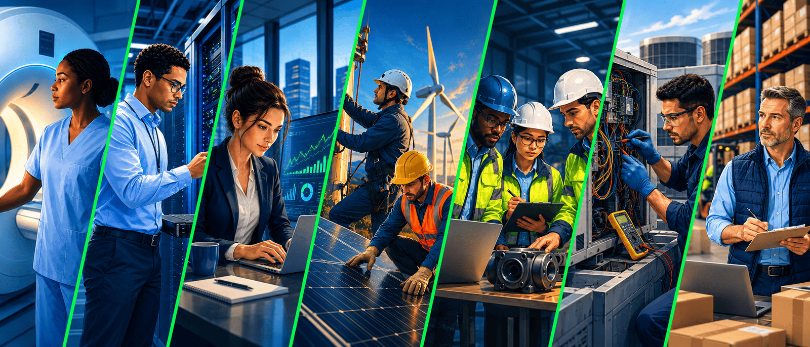 Professionals working across healthcare, technology, finance, energy, skilled trades, and supply chain industries